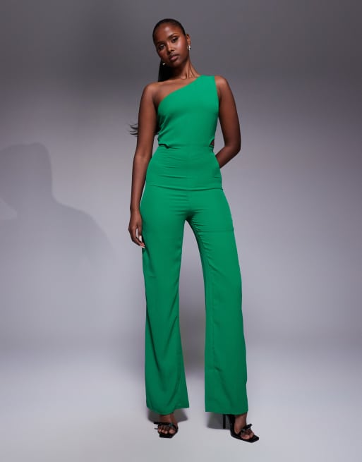 Vesper One shoulder wide leg jumpsuit in emerald, 2 of 4