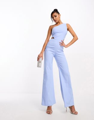 Vesper One Shoulder Wide Leg Jumpsuit In Pale Blue