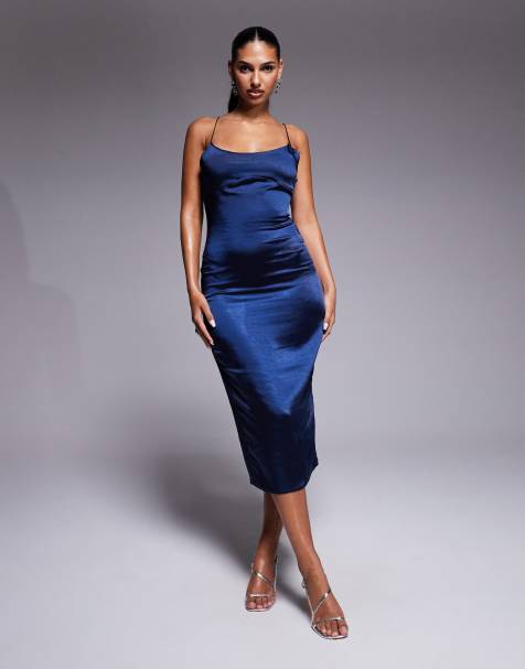 Vesper Open back satin midaxi dress in navy - view 1