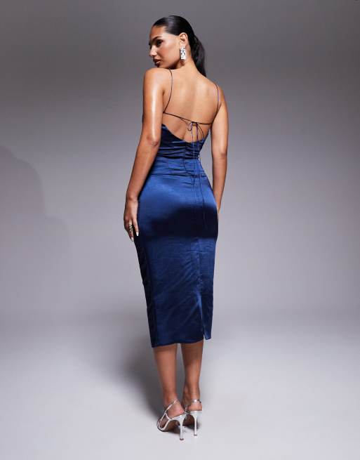 Vesper Open back satin midaxi dress in navy, 2 of 4