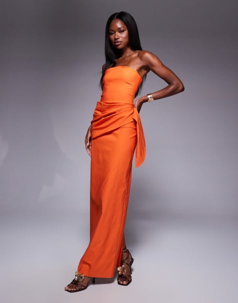 Vesper – Orange maxiklänning i bengalin med bandeau-ringning och drapering framtill - view 1