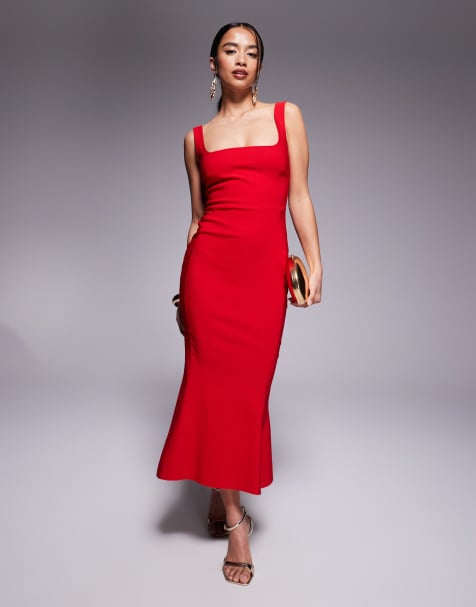 Vesper Petite – Ärmelloses Bengaline-Midikleid in Rot mit eckigem Ausschnitt und Schwalbenschwanzsaum - view 1