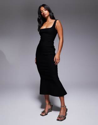 Vesper Petite - Ärmelloses Midikleid aus Bengaline in Schwarz mit eckigem Ausschnitt und Schwalbenschwanzsaum