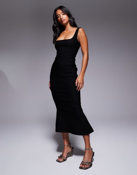 Vesper Petite – Ärmelloses Midikleid aus Bengaline in Schwarz mit eckigem Ausschnitt und Schwalbenschwanzsaum - view 1