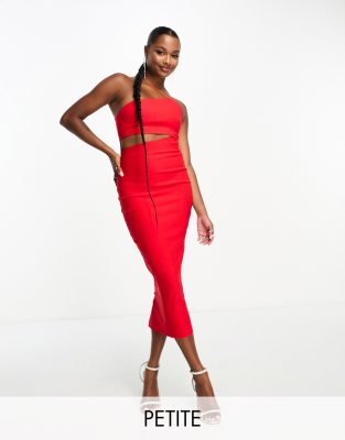 Vesper Petite - Asymmetrisches Midikleid in Rot mit Neckholder-Träger und Zierausschnitt