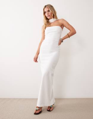 Vesper Petite Bengaline Bandeau Choker Detail Back Trim Maxi Dress In White