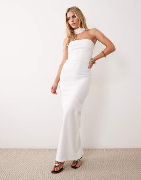 Vesper Petite bengaline bandeau choker detail back trim maxi dress in white - view 1