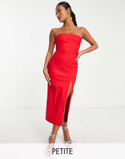 Vesper Petite bengaline bandeau midi dress with thigh split in red