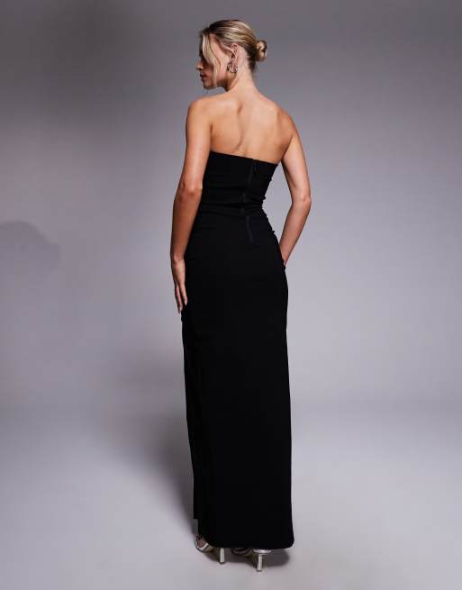 Vesper Petite bengaline bandeau ruched waist thigh split maxi dress in black, 2 of 4