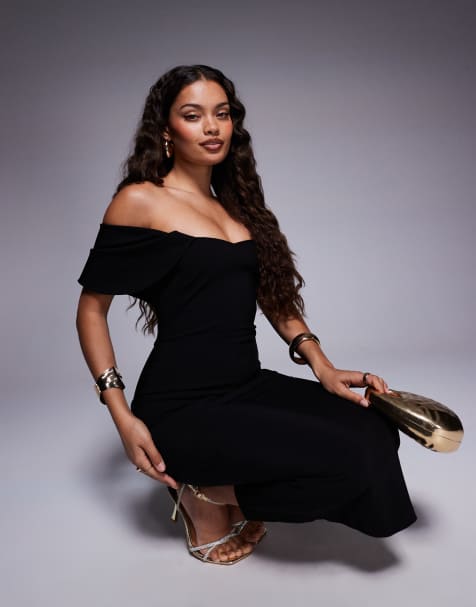 Vesper Petite bengaline bardot drape sleeve detail midaxi dress in black - view 1