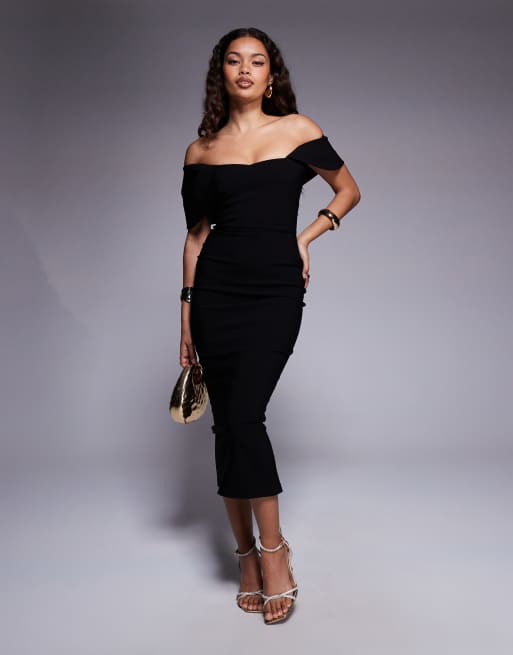 Vesper Petite bengaline bardot drape sleeve detail midaxi dress in black, 2 of 4