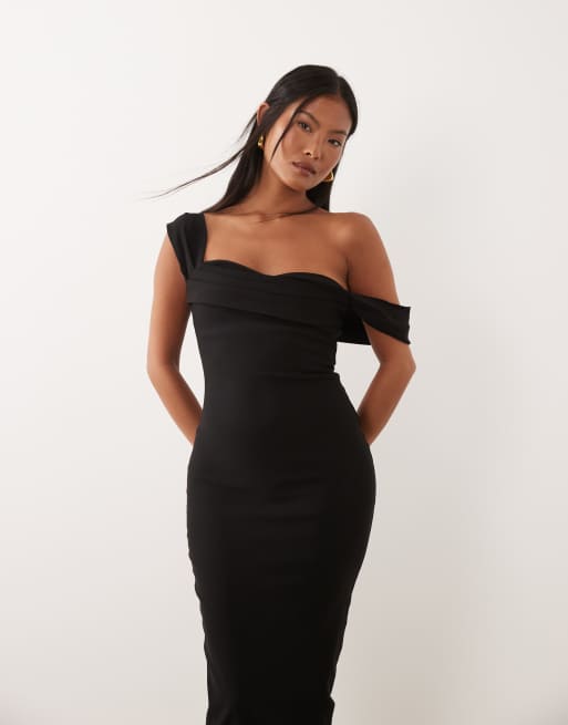 Vesper Petite bengaline bardot off shoulder bodycon midaxi dress in black, 3 of 4