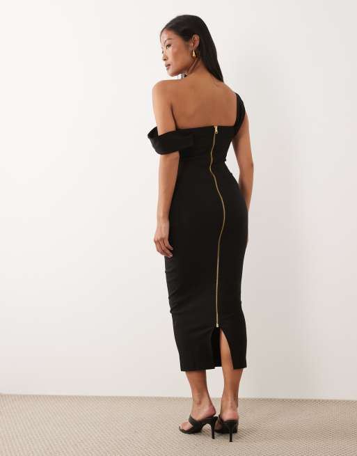 Vesper Petite bengaline bardot off shoulder bodycon midaxi dress in black, 4 of 4