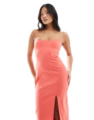 Vesper Petite Bengaline Cami Cross Back Thigh Slit Midi Dress In Orange