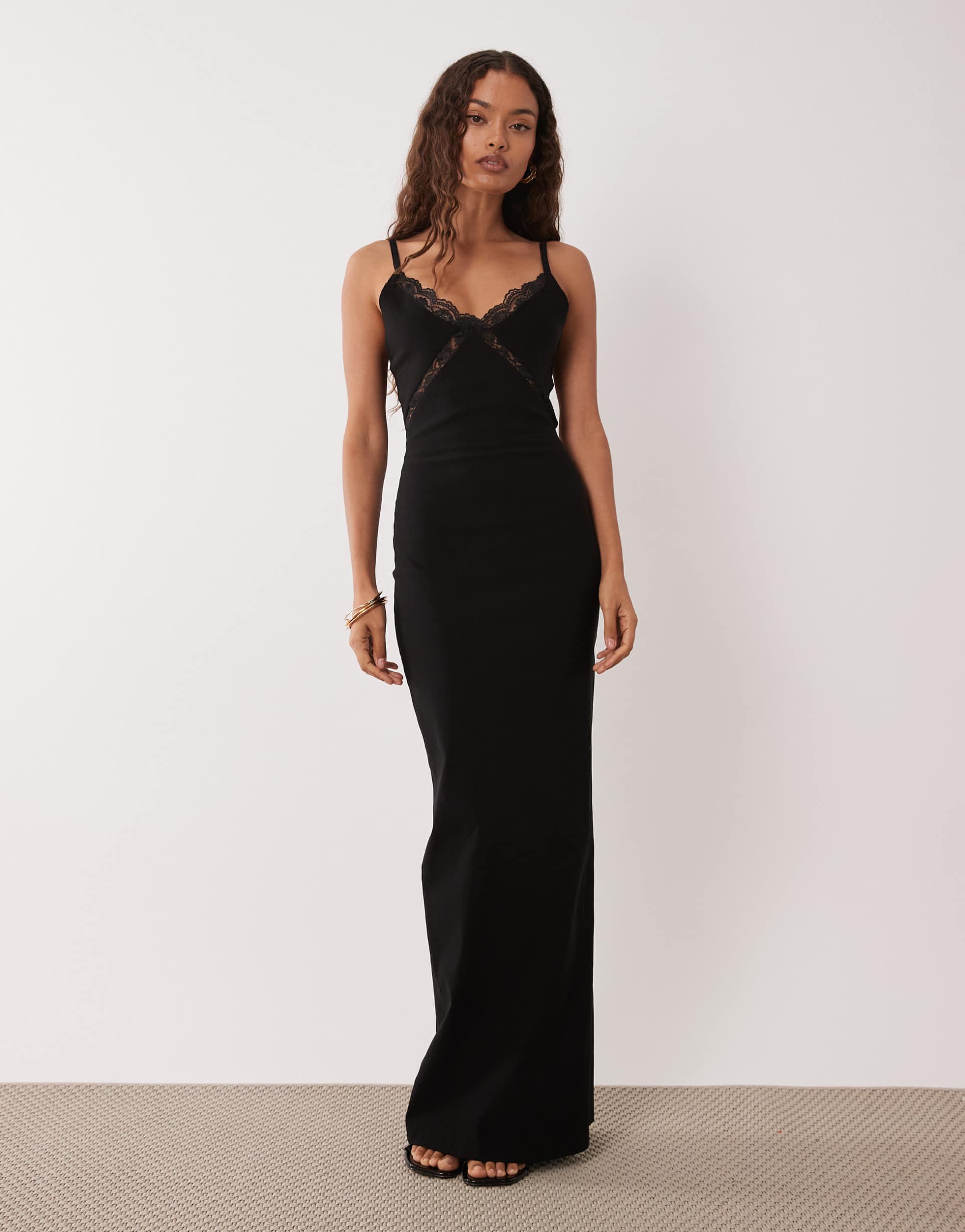 vesper petite bengaline cami lace detailing maxi dress in black