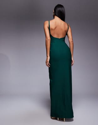 Vesper Petite Bengaline Cami V-neck Low Back Maxi Dress In Green