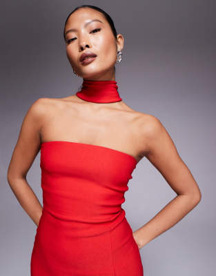 Vesper Petite Bengaline Choker Neck Detail Bandeau Side Split Maxi Dress In Red