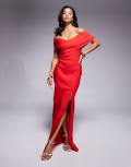 [Vesper Petite] Vesper Petite bengaline cross front off shoulder maxi dress in red 12 RED