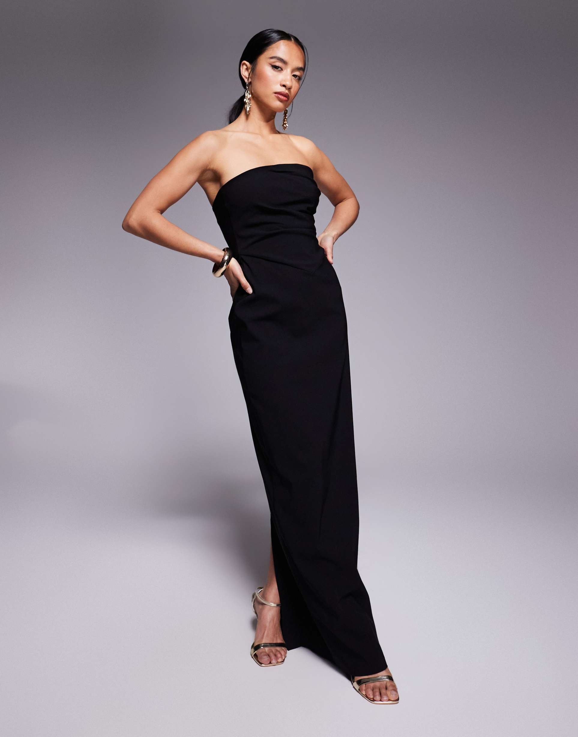 vesper petite bengaline draped waist bandeau maxi dress in black