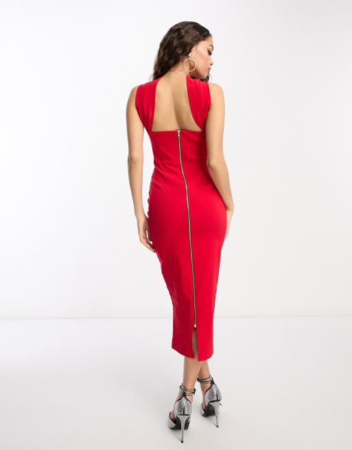 Vesper Petite bengaline halterneck zip back midi dress in red
