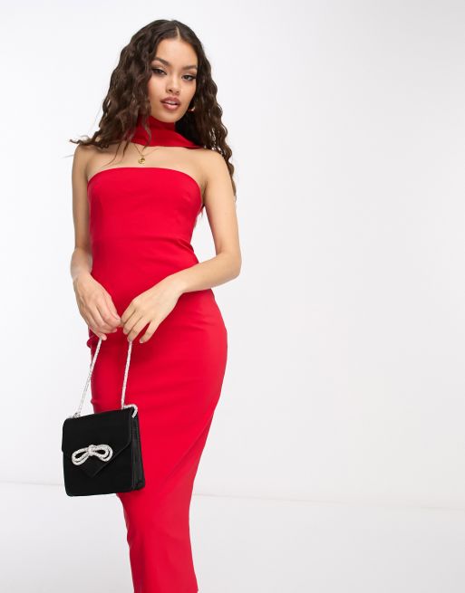 Vesper Petite bengaline halterneck zip back midi dress in red