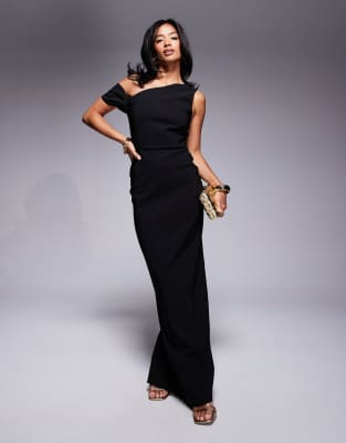 Vesper Petite - Bengaline-Maxikleid in Bodycon-Passform in Schwarz mit Knotendetail und One-Shoulder-Träger