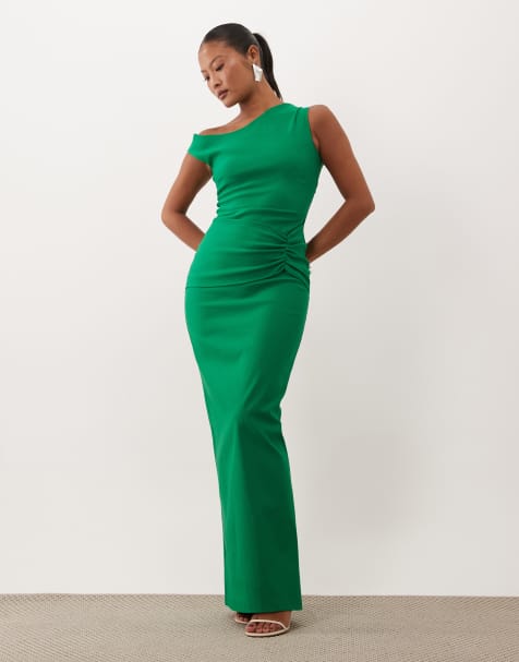 Vesper Petite bengaline off shoulder ruched front maxi dress in emerald green - view 1