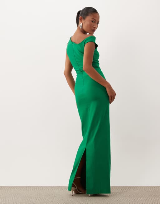 Vesper Petite bengaline off shoulder ruched front maxi dress in emerald green, 2 of 4