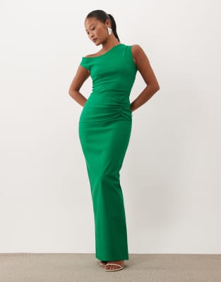 Vesper Petite Bengaline Off Shoulder Ruched Front Maxi Dress In Green