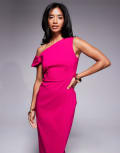 [Vesper Petite] Vesper Petite bengaline one shoulder knot detail maxi bodycon dress in pink-Black 12 PINK