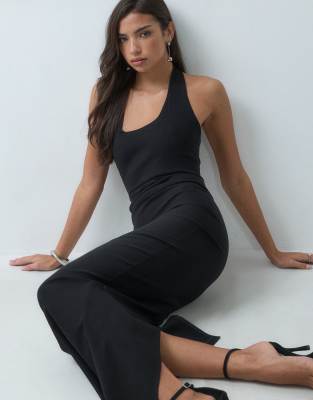 Vesper Petite Bengaline Open Back Halter Neck Maxi Dress In Black