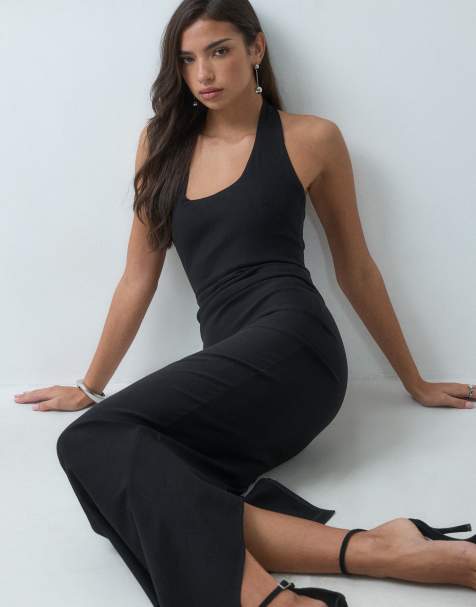 Vesper Petite bengaline open back halter neck maxi dress in black