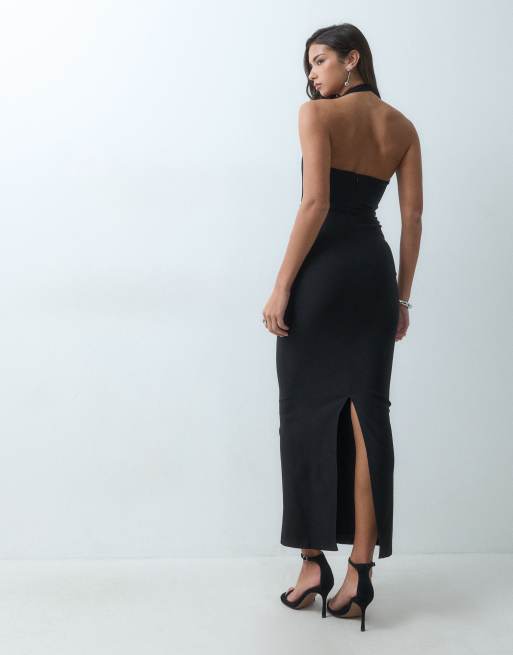 Vesper Petite bengaline open back halter neck maxi dress in black, 5 of 5