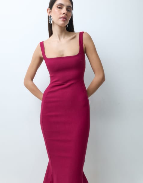 Vesper Petite bengaline sleeveless square neck fishtail midi dress in berry