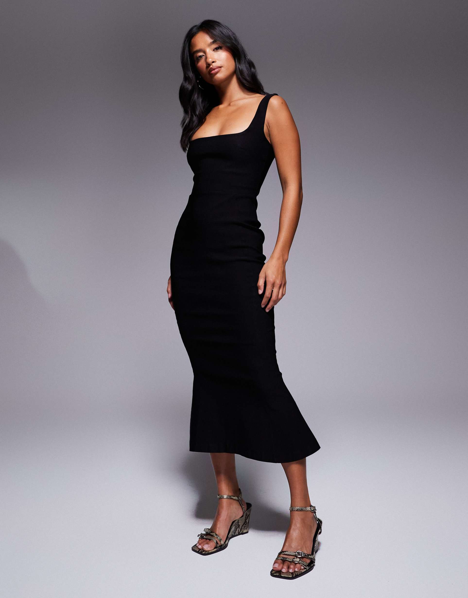 vesper petite bengaline sleeveless square neck fishtail midi dress in black