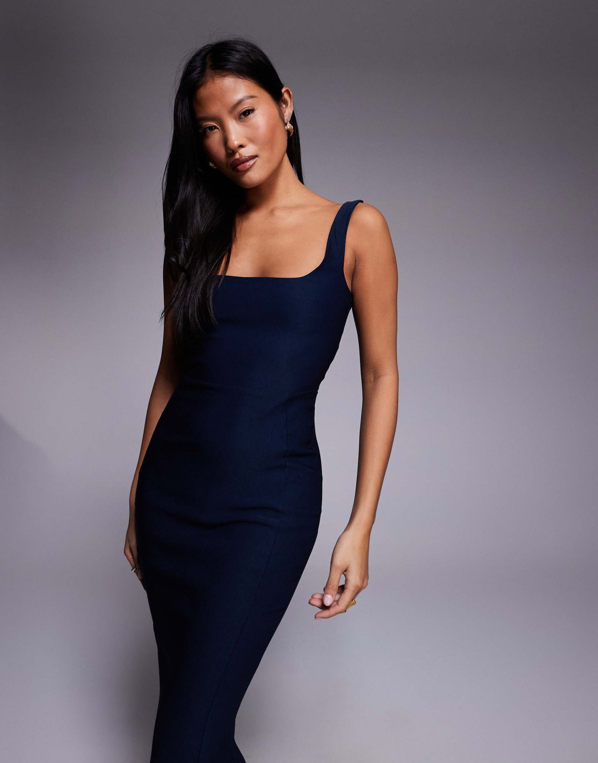 vesper petite bengaline sleeveless square neck fishtail midi dress in navy