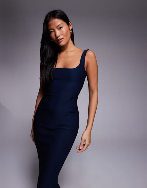 Vesper Petite bengaline sleeveless square neck fishtail midi dress in navy