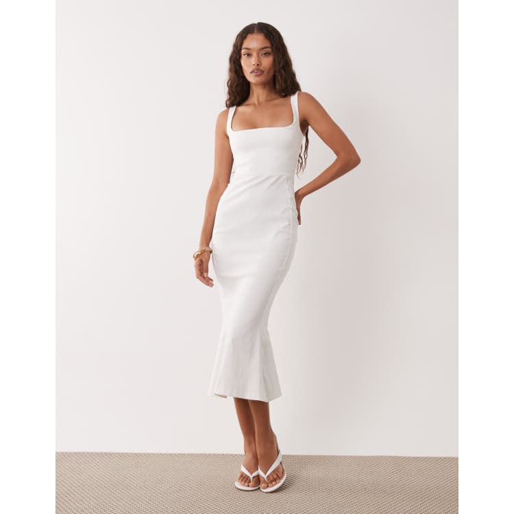 Vesper Petite bengaline sleeveless square neck fishtail midi dress in white  | ASOS