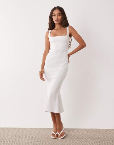 Vesper Petite bengaline sleeveless square neck fishtail midi dress in white