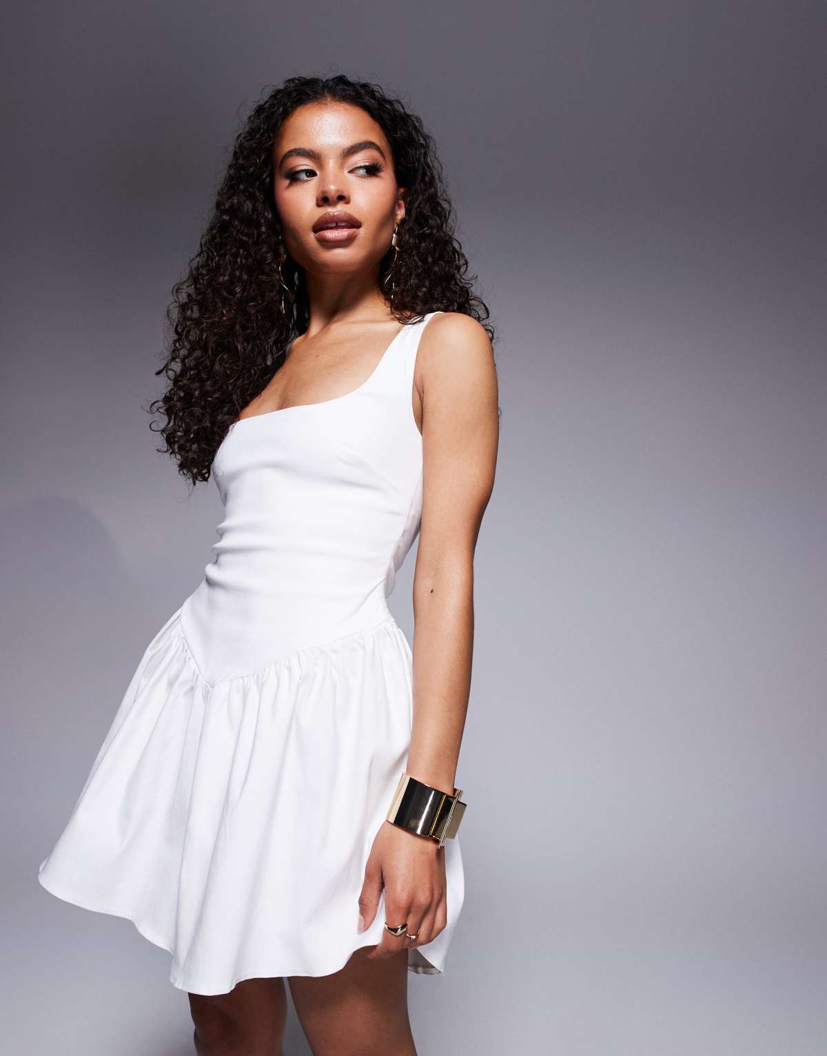 Vesper Petite bengaline square neck drop waist detail skater mini dress in white