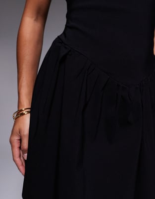 Vesper Petite Bengaline Square Neck Dropped Waist Detail Skater Mini Dress In Black