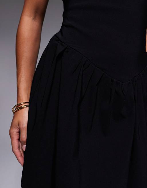 Vesper Petite bengaline square neck dropped waist detail skater mini dress in black
