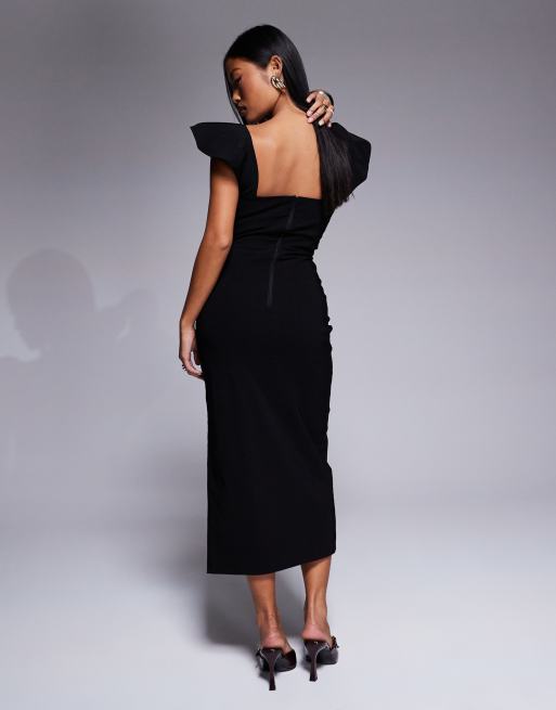 Vesper Petite bengaline square neck ruffle sleeve side split