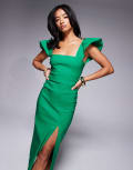 [Vesper Petite] Vesper Petite bengaline square neck ruffle sleeve side split midaxi dress in emerald-Green 12 EMERALD