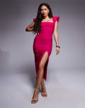 [Vesper Petite] Vesper Petite bengaline square neck ruffle sleeve side split midaxi dress in pink 8 PINK
