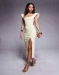 [Vesper Petite] Vesper Petite bengaline square neck ruffle sleeve side split midaxi dress in yellow 4 YELLOW