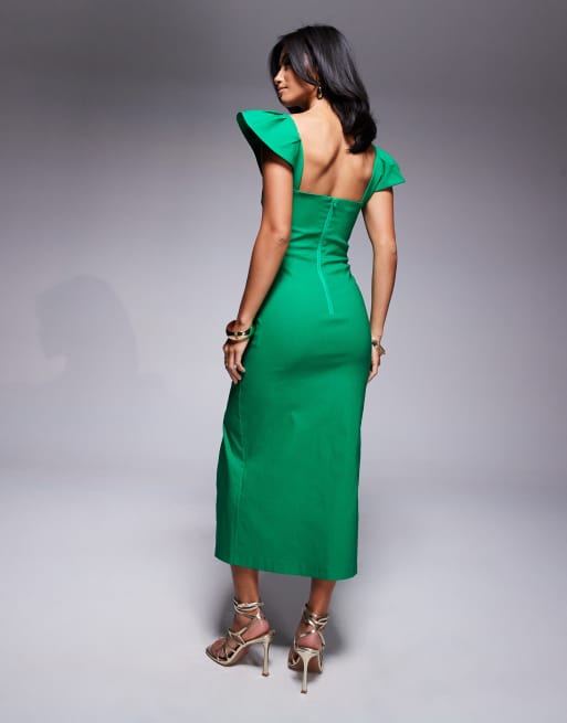 Vesper Petite bengaline square neck ruffle sleeves side slit midaxi dress  in emerald | ASOS