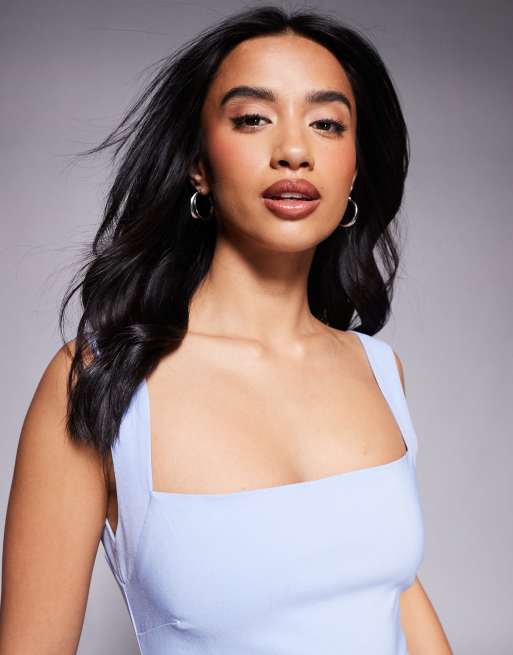Vesper Petite bengaline square neck scoop back midaxi dress in light blue, 3 of 4