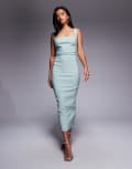 [Vesper Petite] Vesper Petite bengaline square neck scoop back midaxi dress in sage-Green 10 Sage