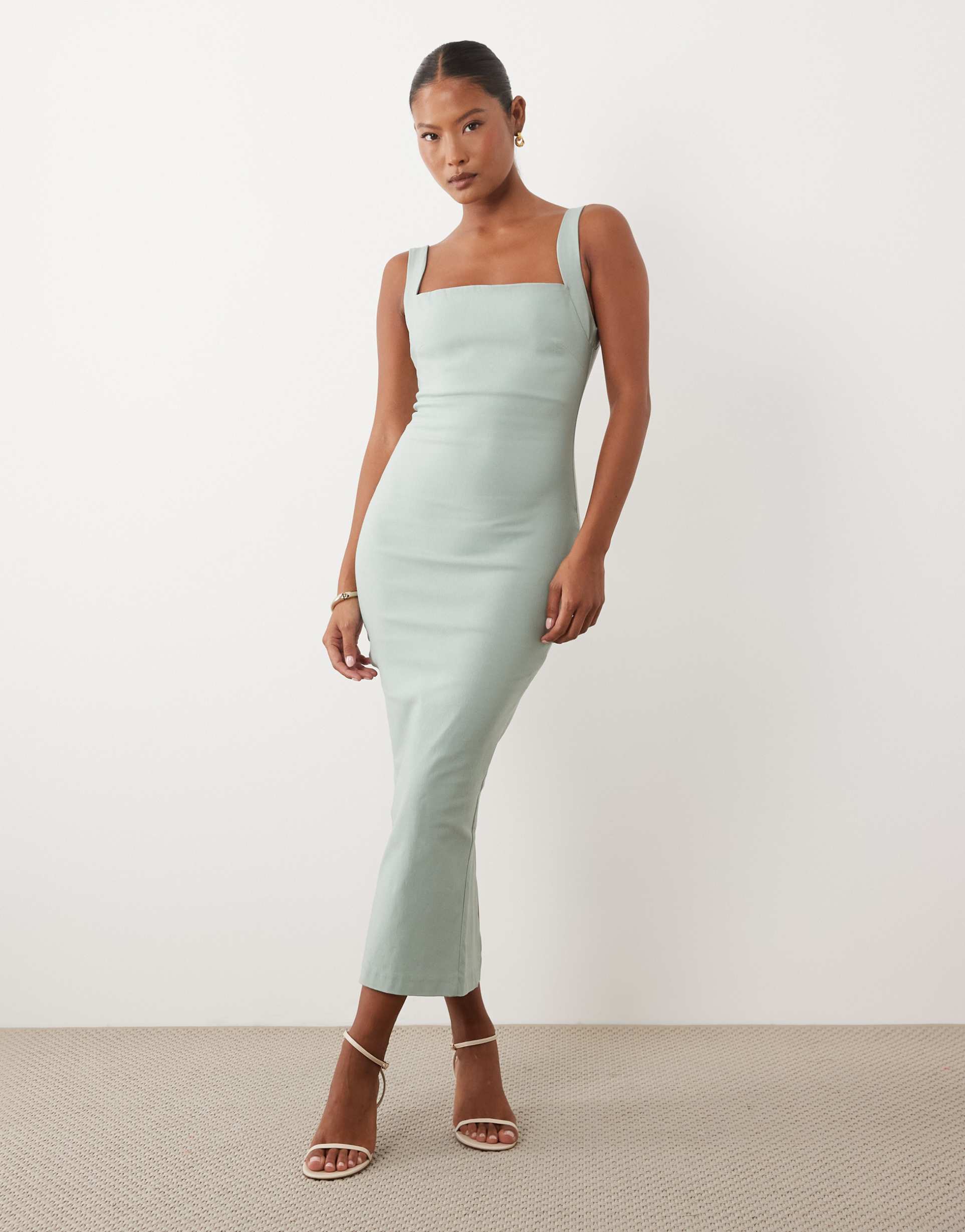 vesper petite bengaline square neck scoop back midaxi dress in sage